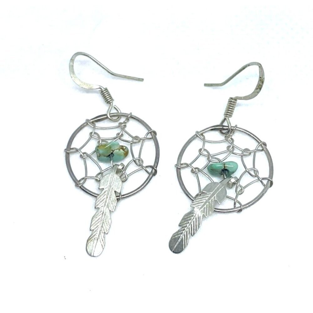 925 Sterling Silver Dreamcatcher Turquoise Feather Earrings Hook Closure
